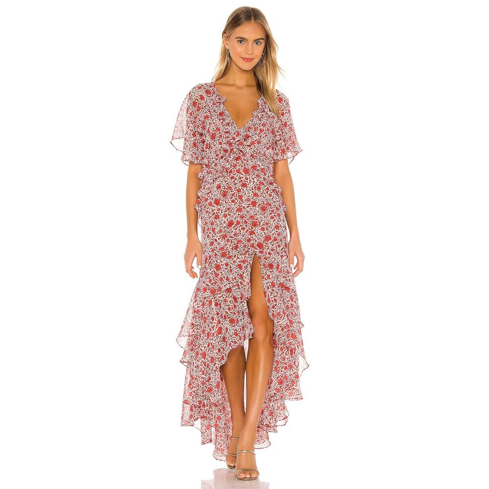 MISA Katarina Ruffle Floral Flutter Sleeve Asymmetric Maxi Dress Floral Size S - Picture 4 of 11
